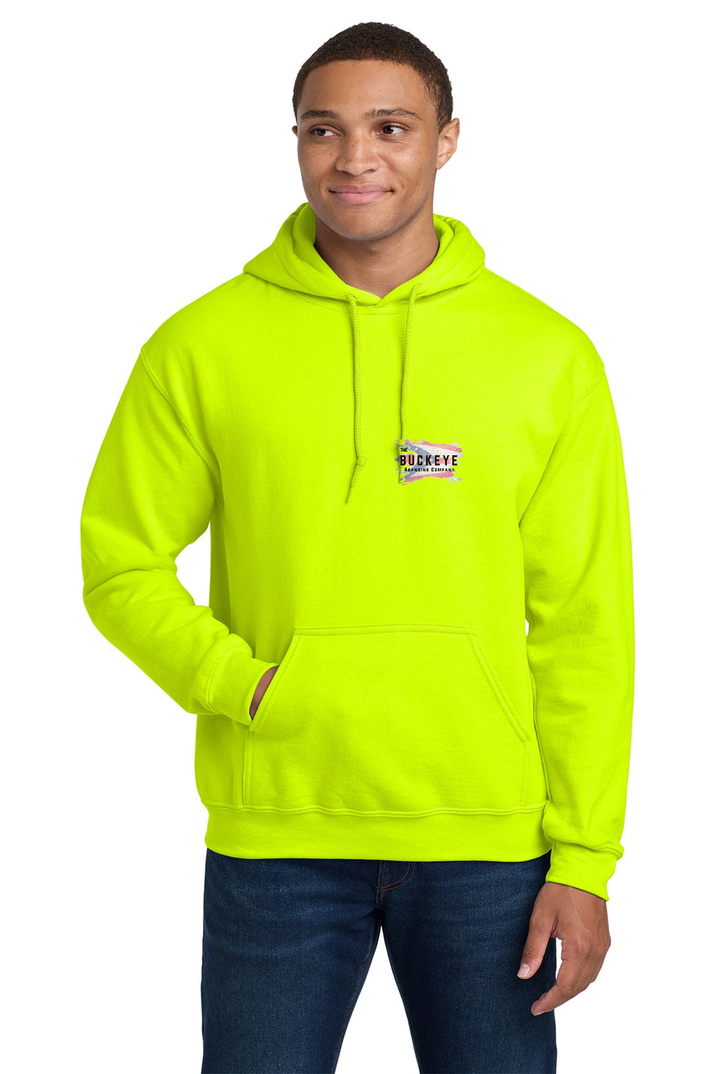 Safety Green hoodie on model with left-chest logo - sample decoration