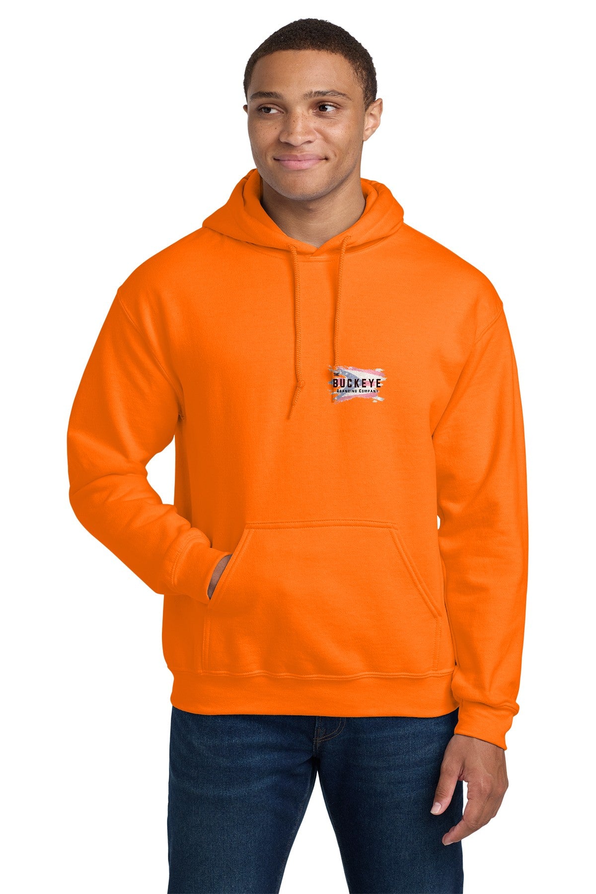 Safety Orange hoodie on model with left-chest logo - sample decoration