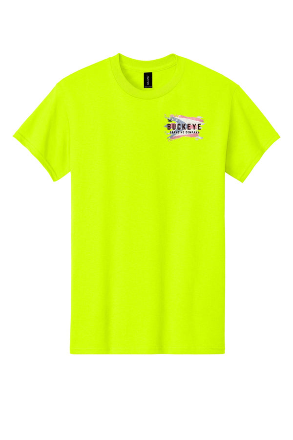 Safety Green tee with Buckeye Branding logo - sample decoration