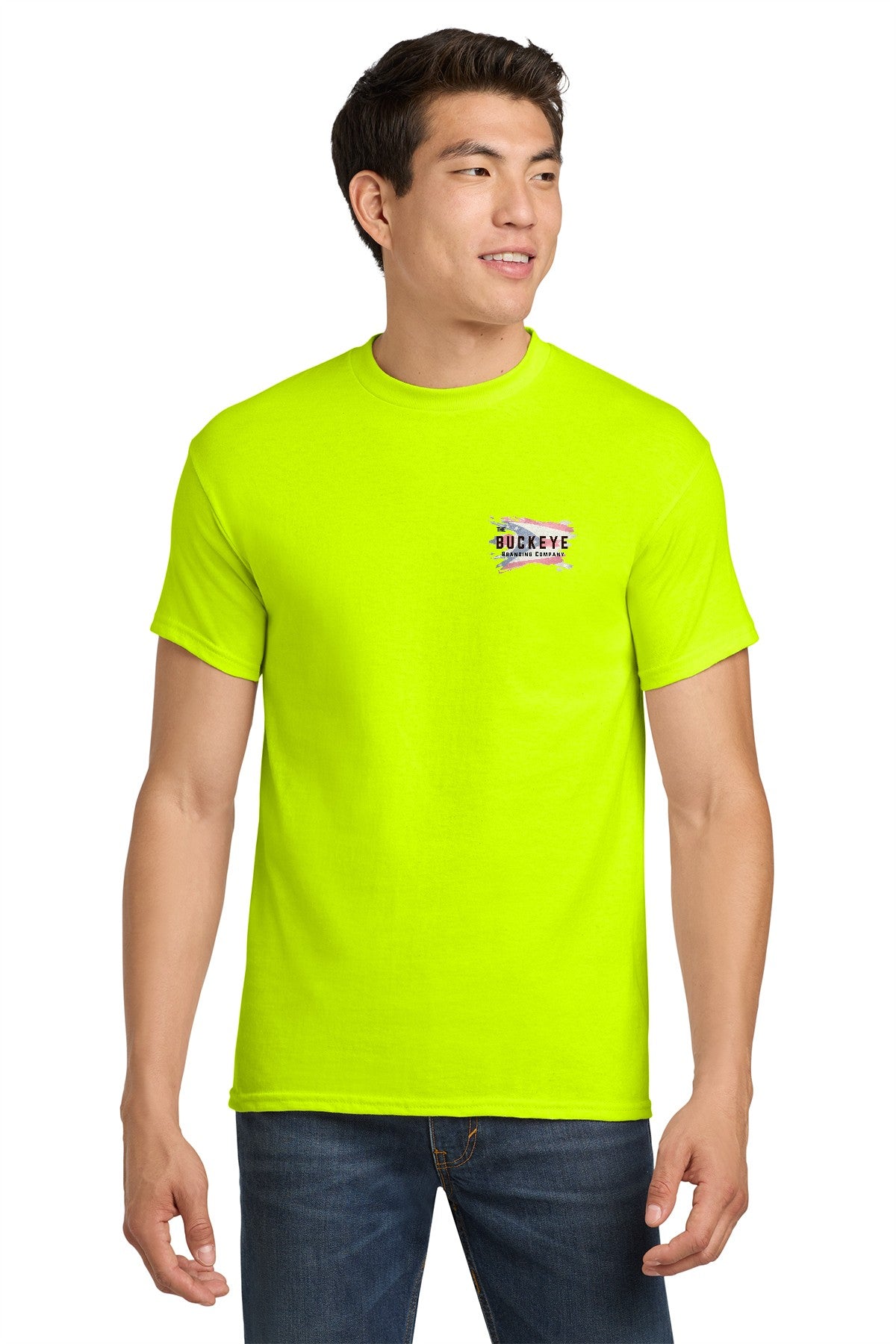 Safety Green tee on model with left-chest logo - sample decoration