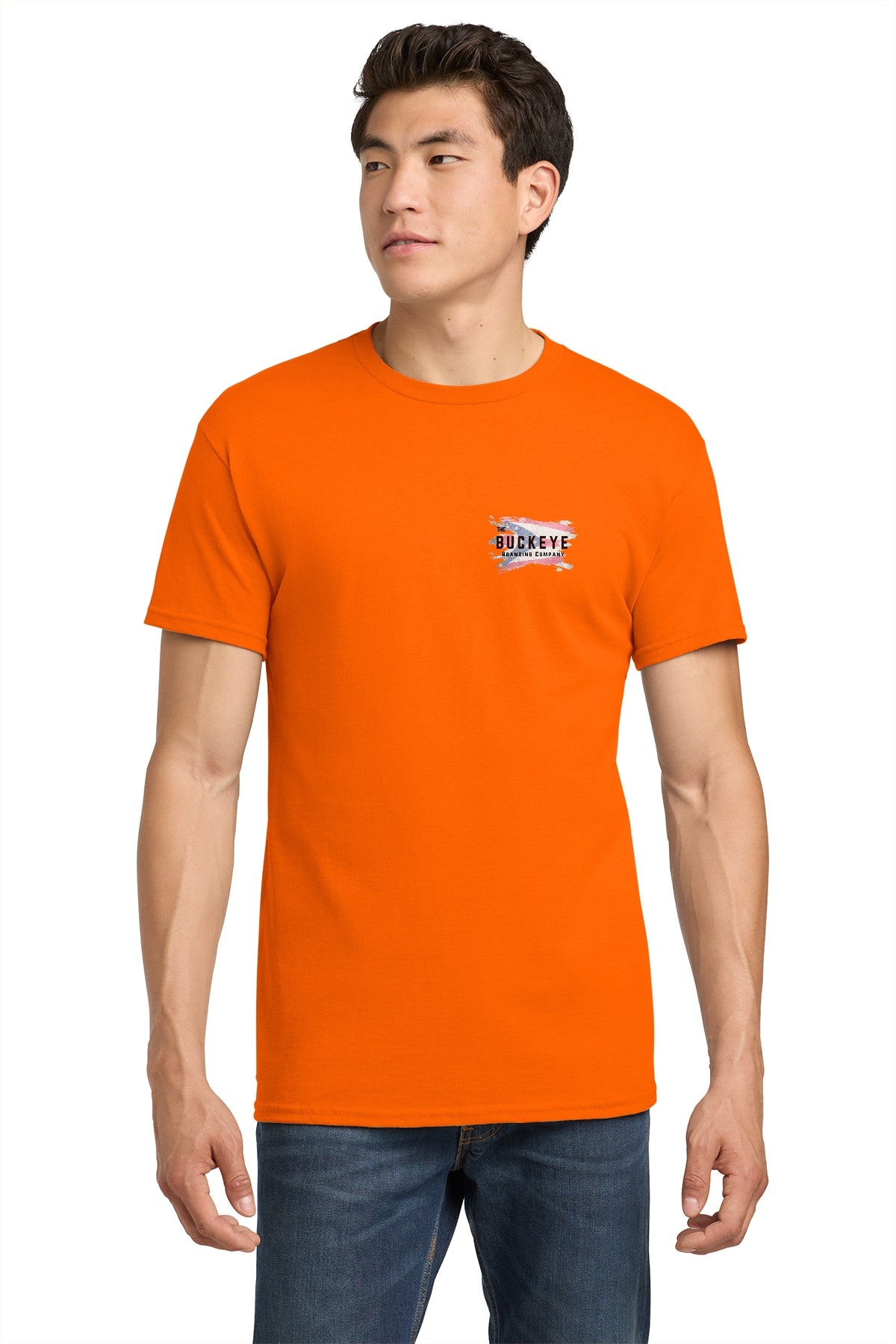 Safety Orange tee on model with left-chest logo - sample decoration