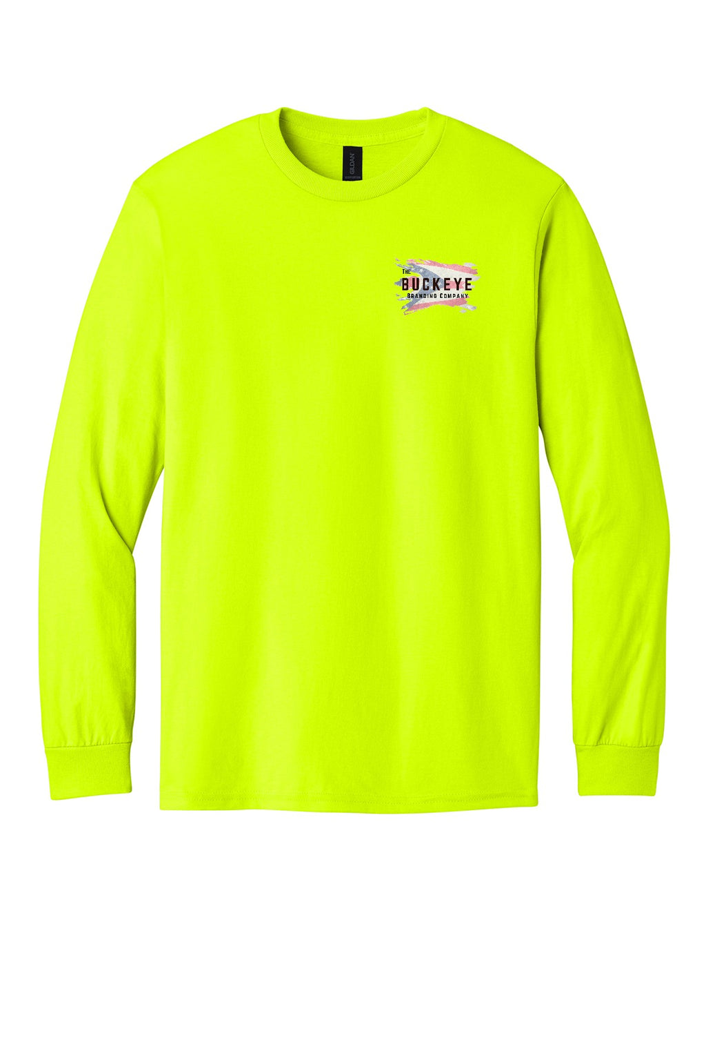 Safety Green long sleeve tee with Buckeye Branding logo - sample decoration