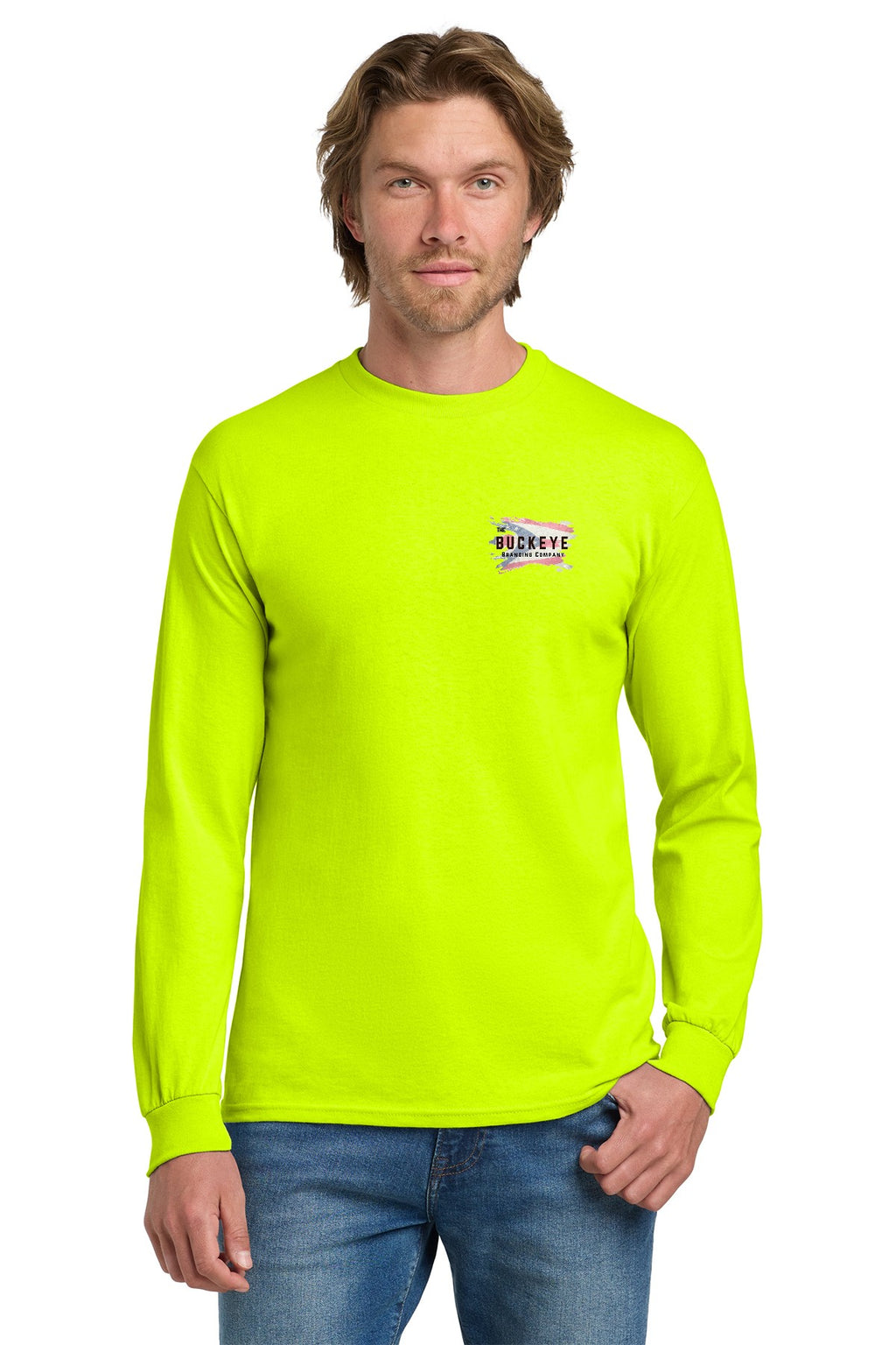 Safety Green long sleeve tee on model with left-chest logo - sample decoration