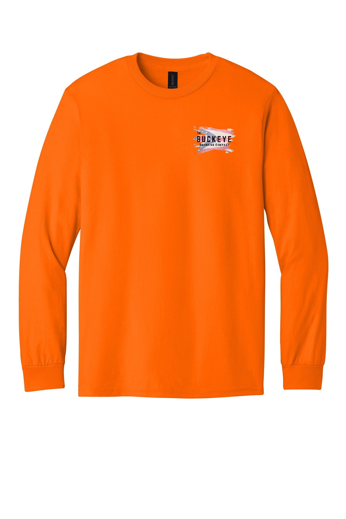 Safety Orange long sleeve tee with Buckeye Branding logo - sample decoration