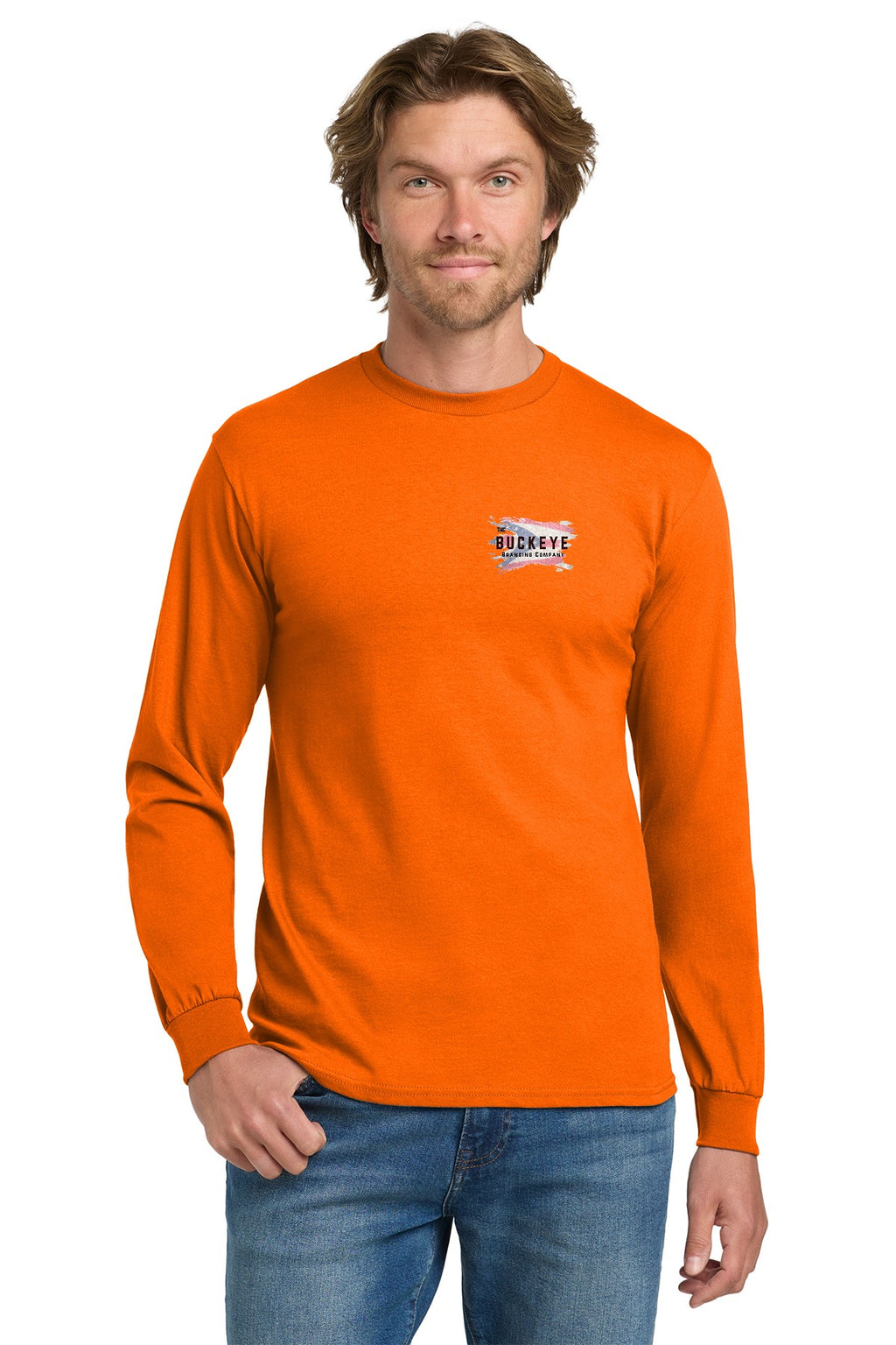 Safety Orange long sleeve tee on model with left-chest logo - sample decoration