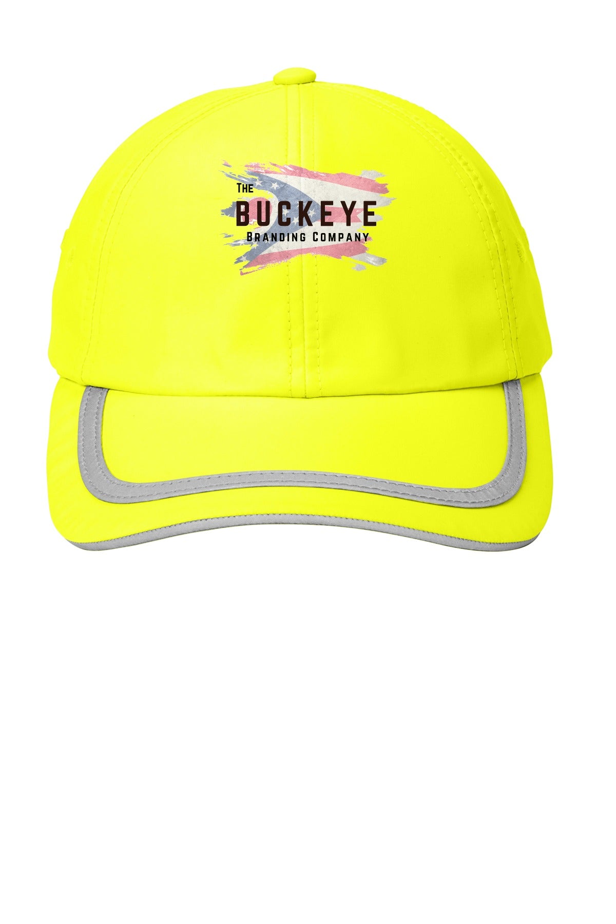 Safety Yellow cap with Buckeye Branding logo - sample decoration