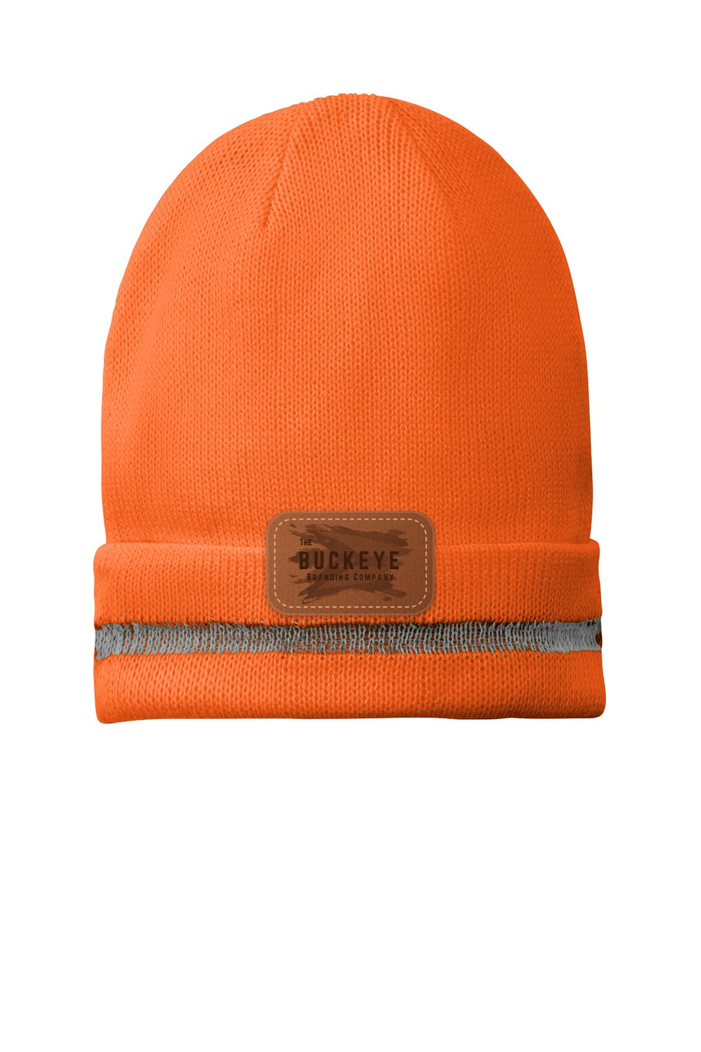 Safety Orange beanie with engraved leather patch - sample decoration