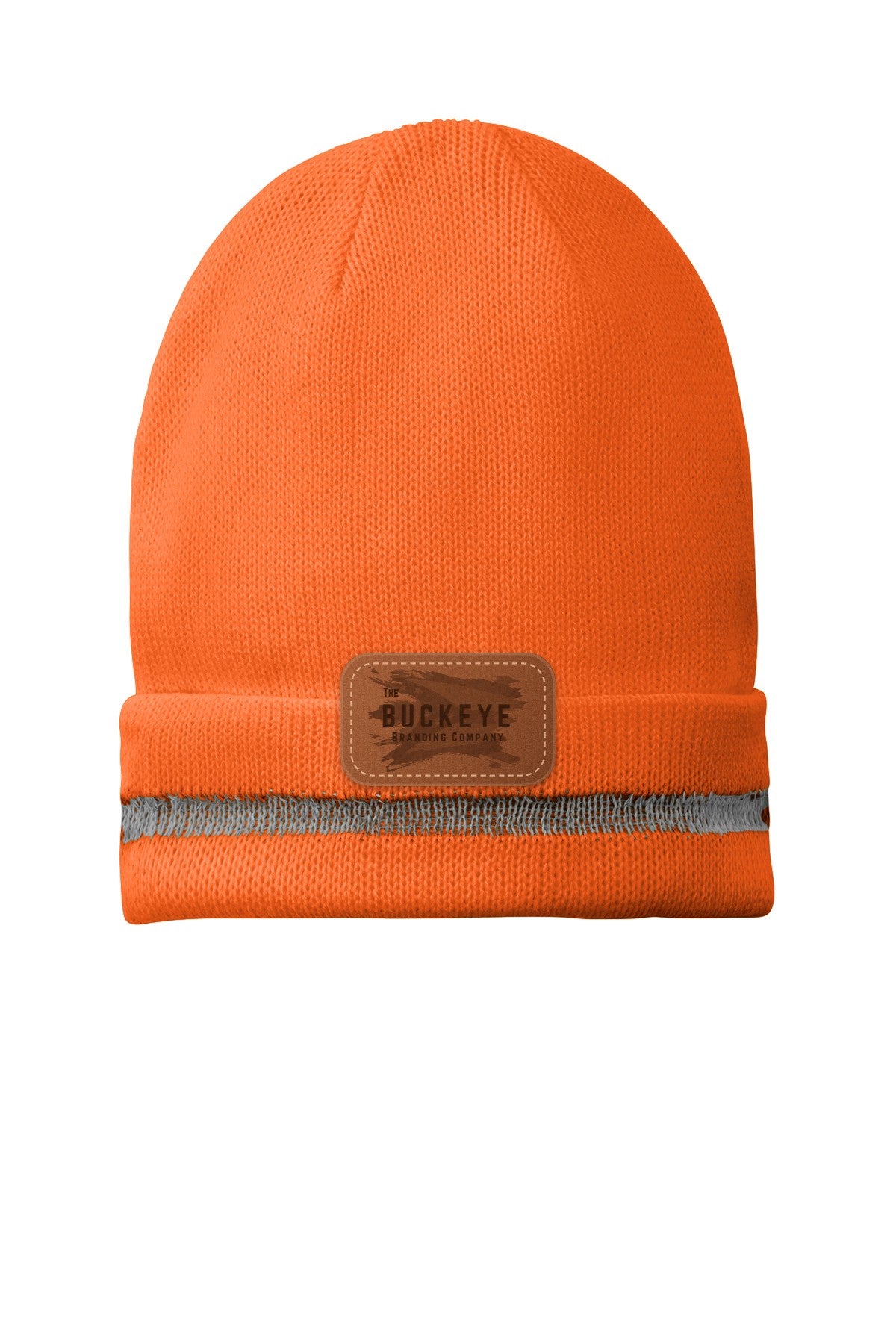 Safety Orange beanie with engraved leather patch - sample decoration