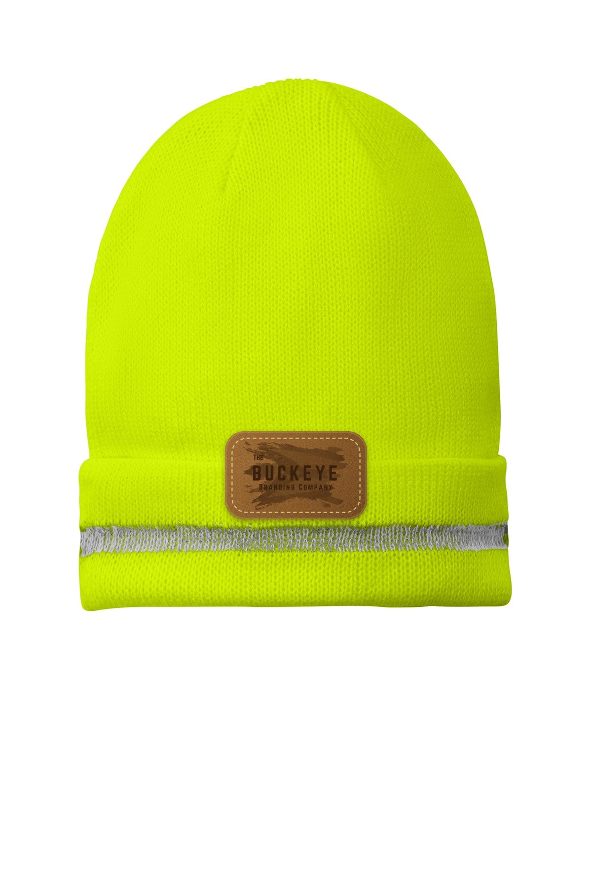 Safety Yellow beanie with engraved leather patch - sample decoration