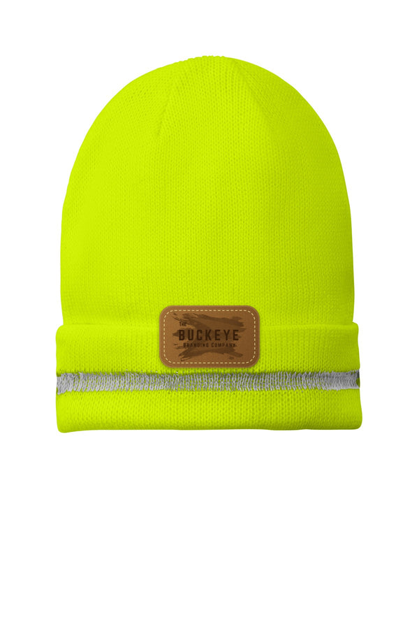 Safety Yellow beanie with engraved leather patch - sample decoration