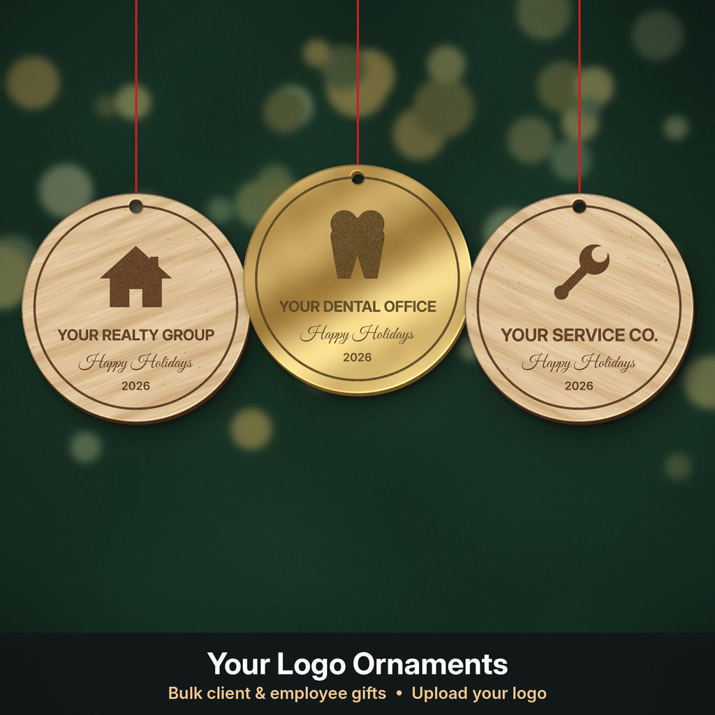 Custom logo Christmas ornaments in wood and gold mirror acrylic