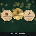 Custom logo Christmas ornaments in wood and gold mirror acrylic