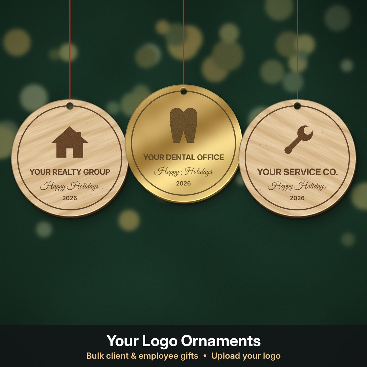 Custom logo Christmas ornaments in wood and gold mirror acrylic