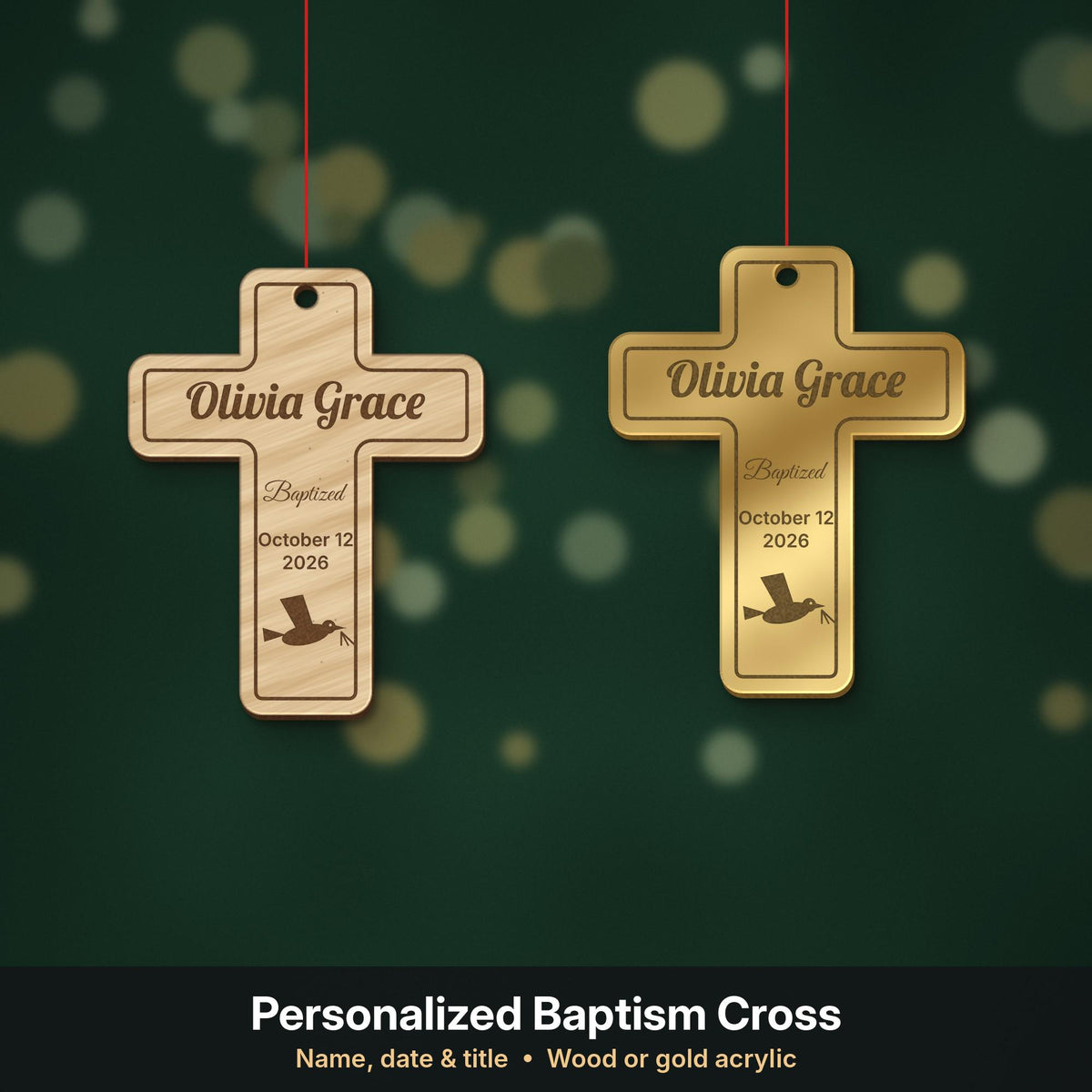 Baptism cross ornament in wood and gold