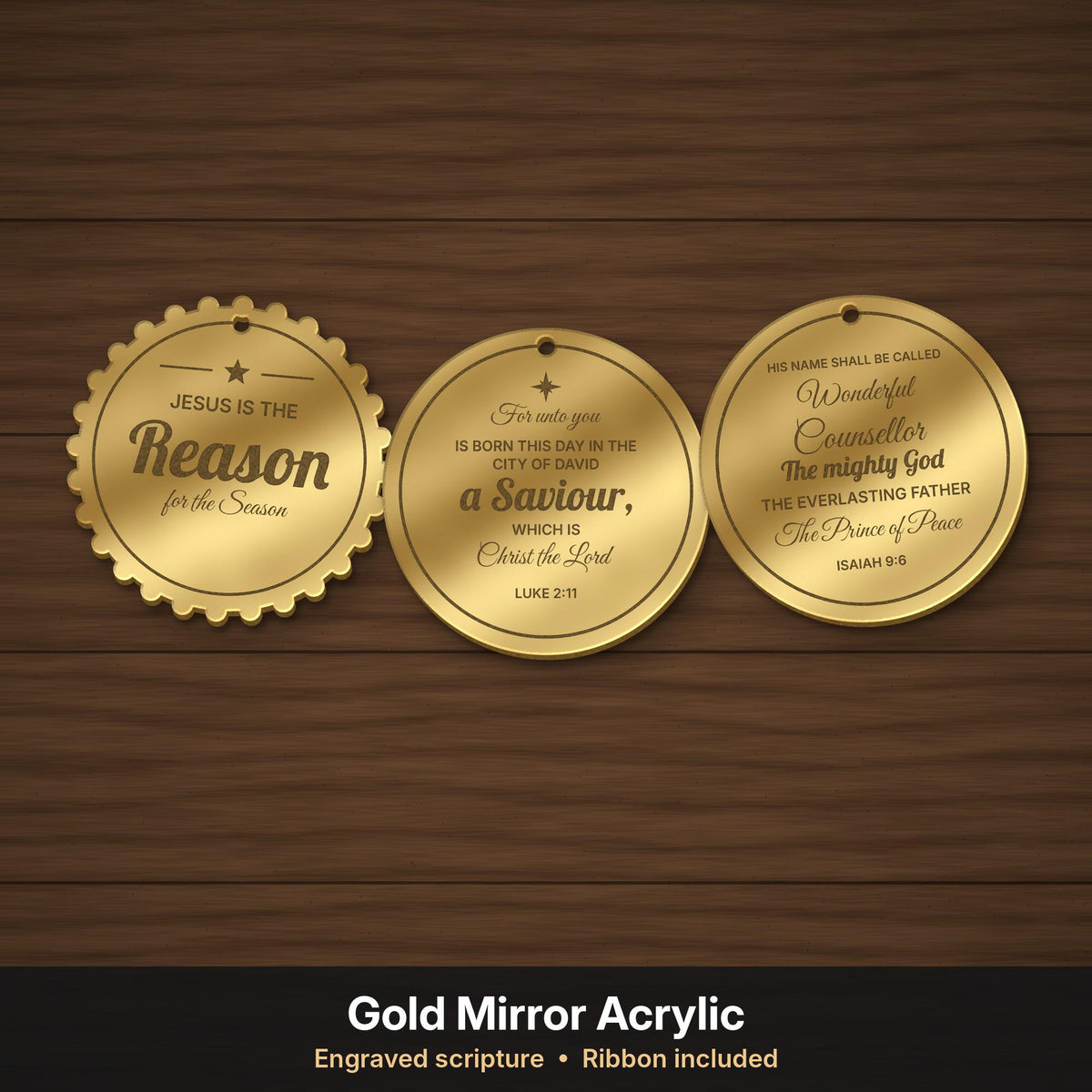 Scripture ornaments in gold mirror acrylic