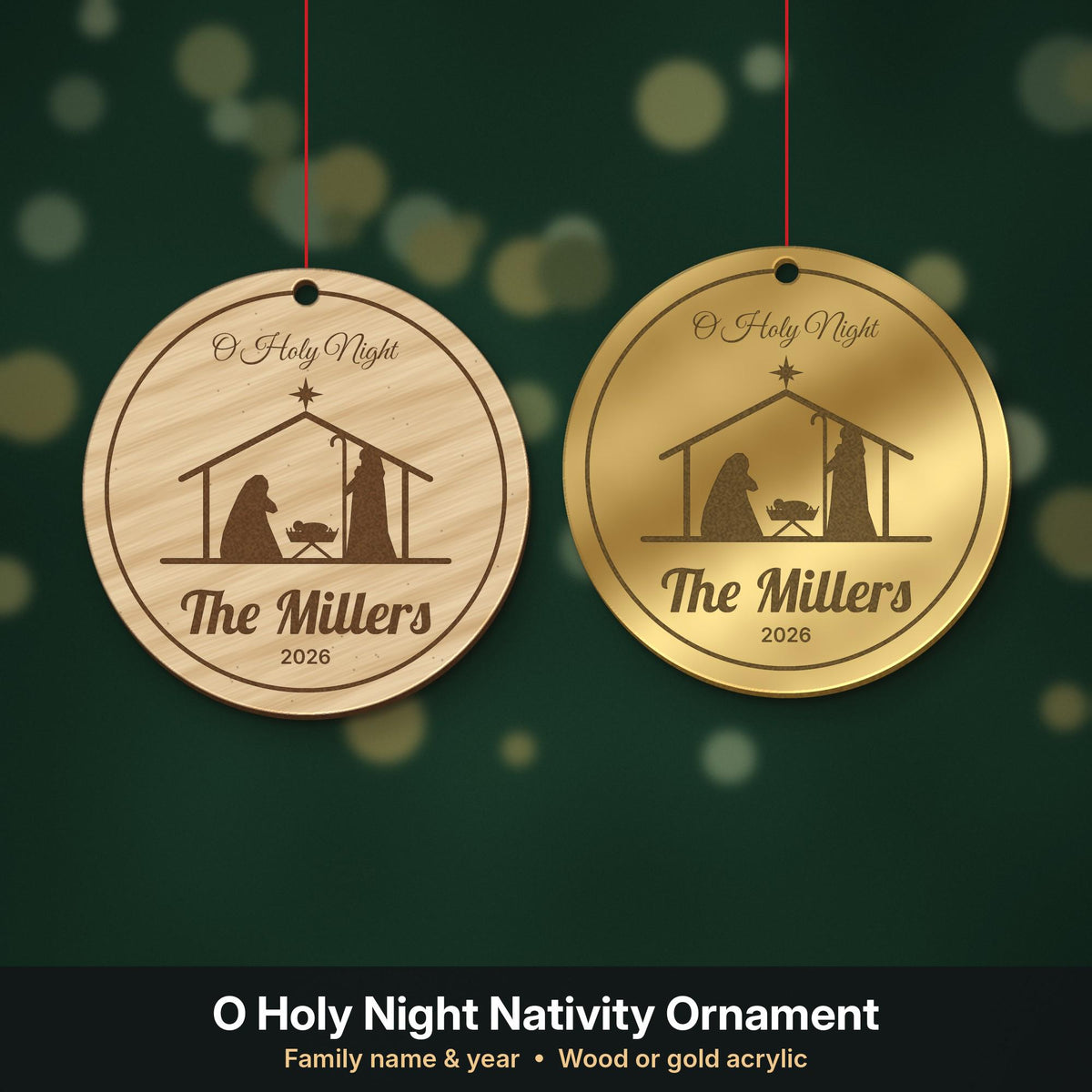 O Holy Night nativity ornament in wood and gold mirror acrylic