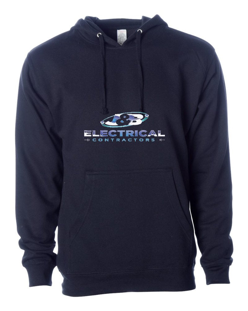 J & B Electrical Independent Trading Hoodie in Classic Navy (sample mockup)