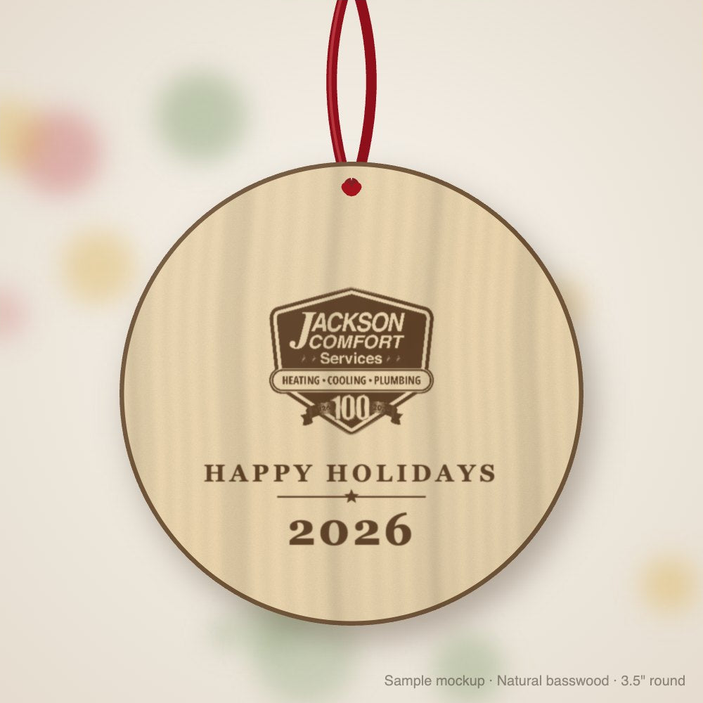 Jackson Comfort Logo Christmas Ornament in natural basswood (sample mockup)