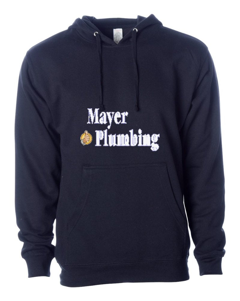Mayer Plumbing Independent Trading Hoodie in Classic Navy (sample mockup)