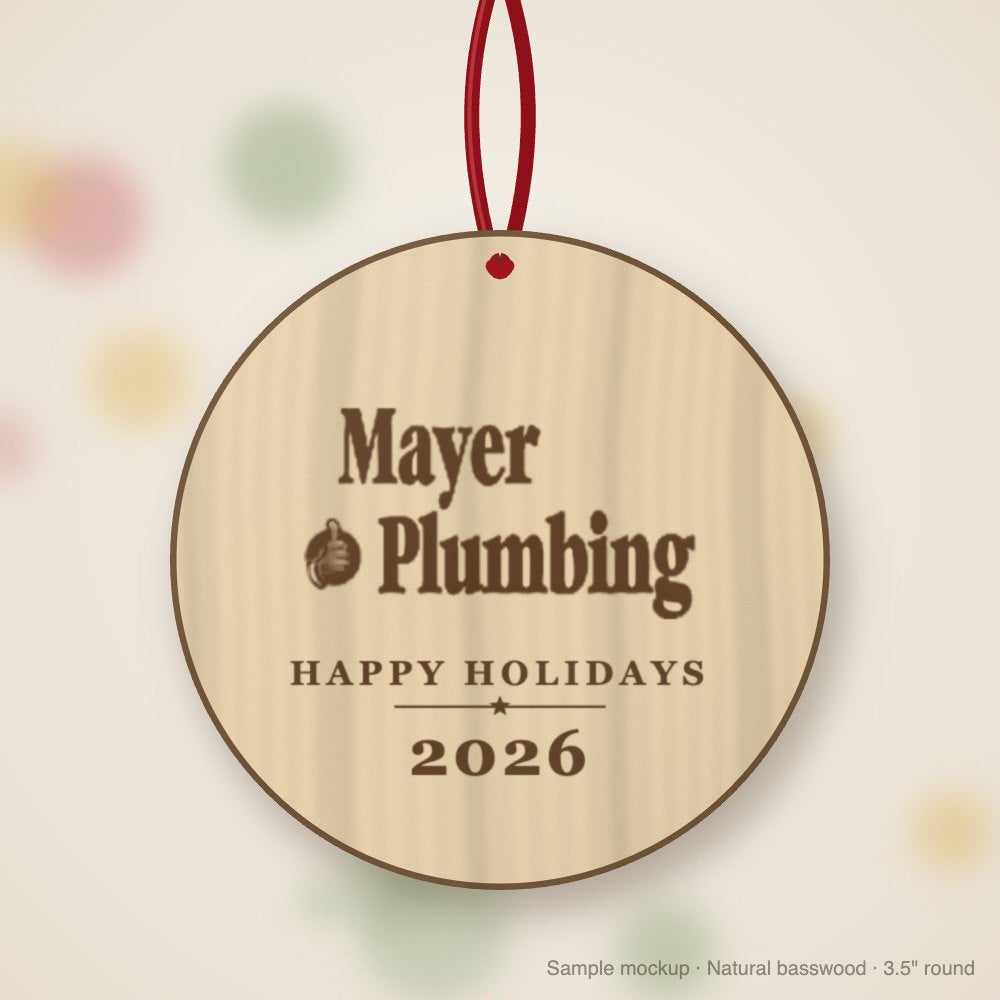 Mayer Plumbing Logo Christmas Ornament in natural basswood (sample mockup)