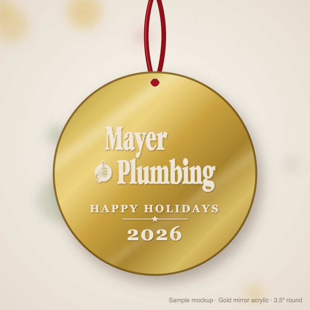 Mayer Plumbing Logo Christmas Ornament in gold mirror acrylic (sample mockup)
