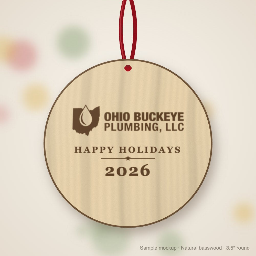 Ohio Buckeye Plumbing Logo Christmas Ornament in natural basswood (sample mockup)