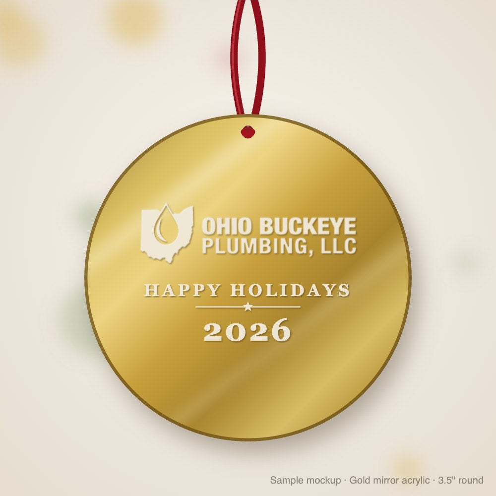 Ohio Buckeye Plumbing Logo Christmas Ornament in gold mirror acrylic (sample mockup)