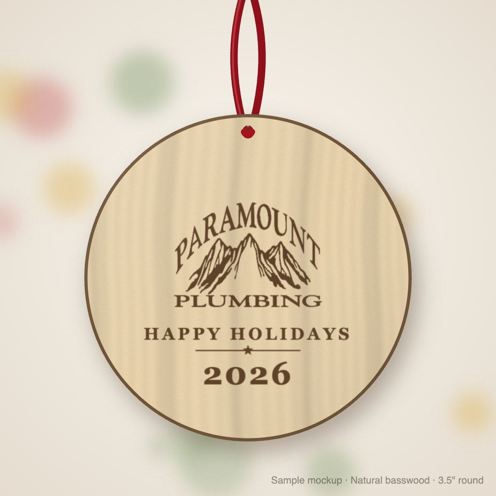 Paramount Plumbing Logo Christmas Ornament in natural basswood (sample mockup)