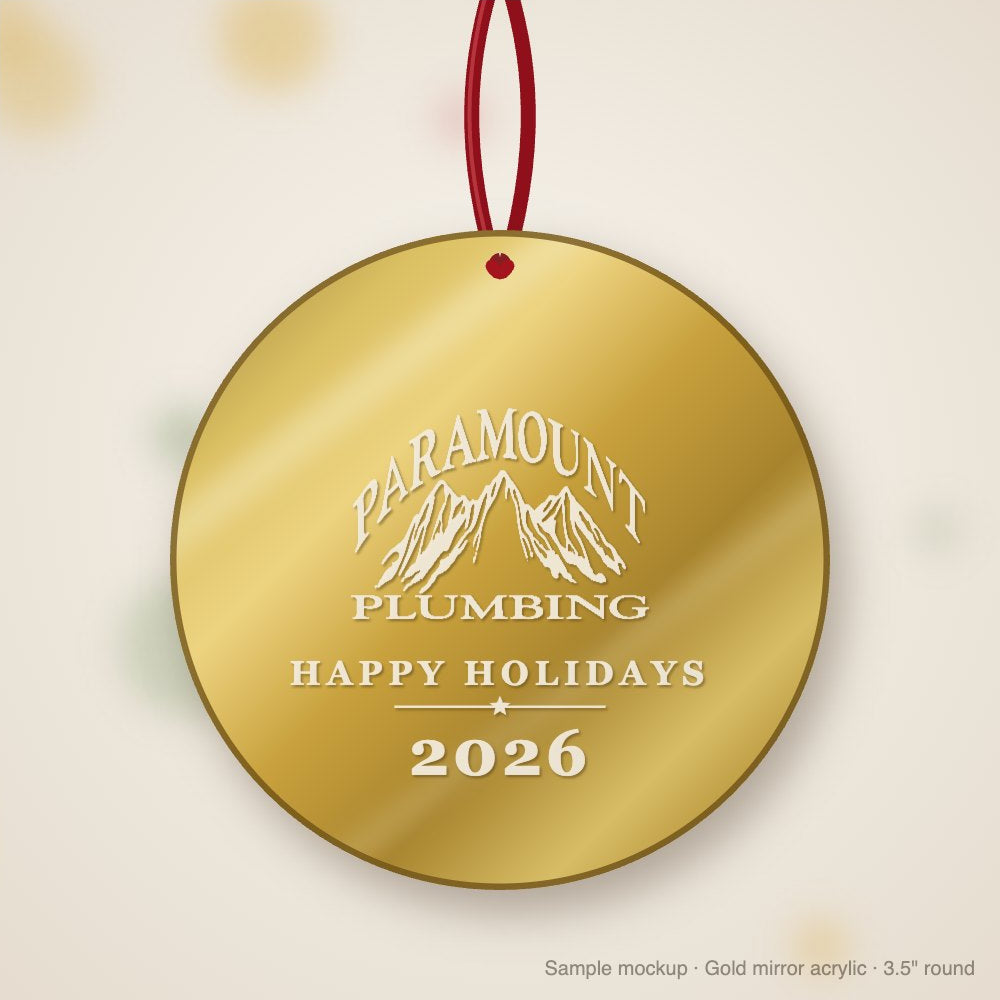 Paramount Plumbing Logo Christmas Ornament in gold mirror acrylic (sample mockup)
