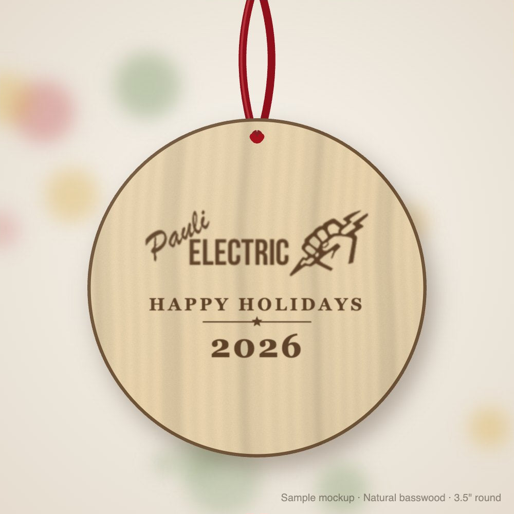 Pauli Electric Logo Christmas Ornament in natural basswood (sample mockup)