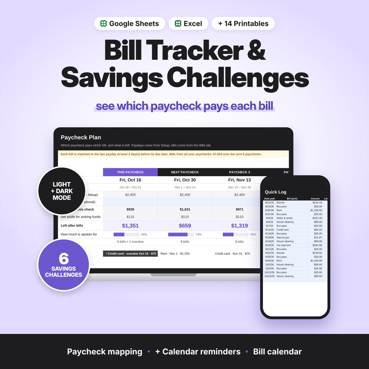 Bill Tracker & Savings Challenges Spreadsheet (Digital Download) — photo 1