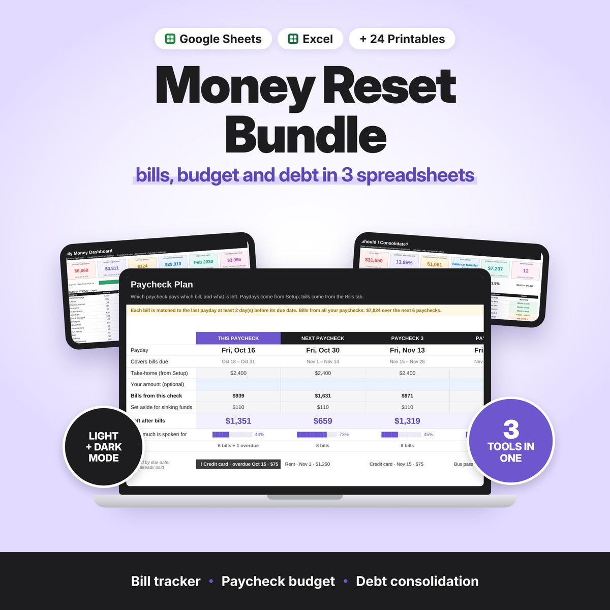 Money Reset Bundle: Bill Tracker, Paycheck Budget & Debt Consolidation (Digital Download) — photo 1