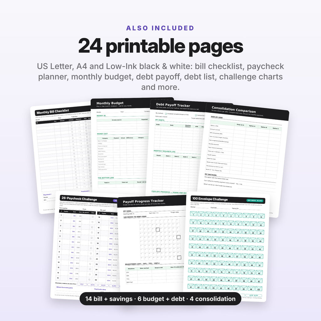 Money Reset Bundle: Bill Tracker, Paycheck Budget & Debt Consolidation (Digital Download) — photo 8