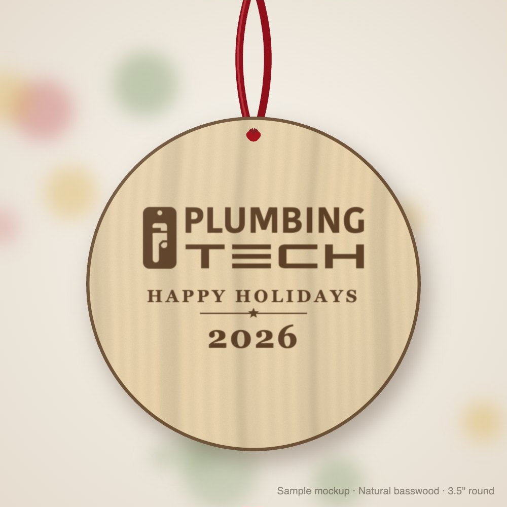 Plumbing Tech Logo Christmas Ornament in natural basswood (sample mockup)