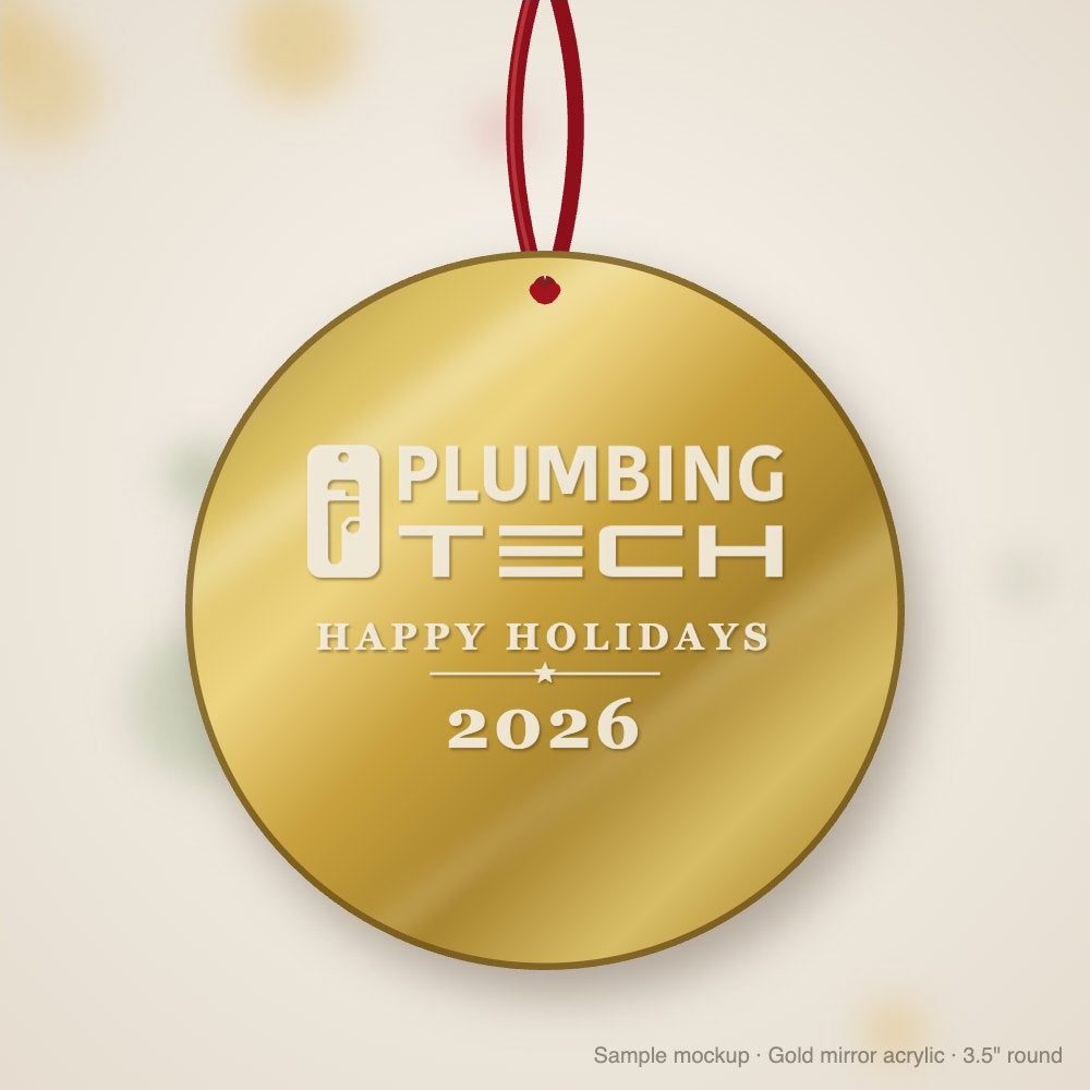 Plumbing Tech Logo Christmas Ornament in gold mirror acrylic (sample mockup)