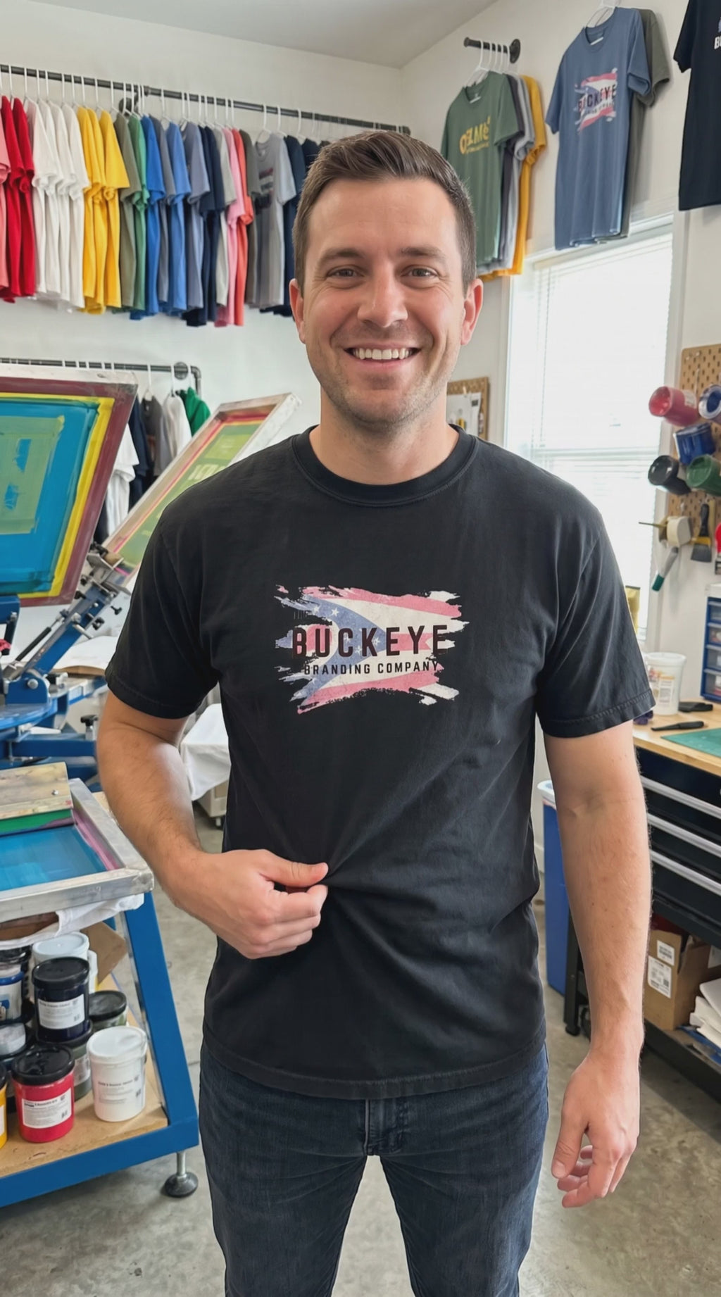 Customer wearing a custom Comfort Colors 1717 tee printed by Buckeye Branding Company, Copley OH
