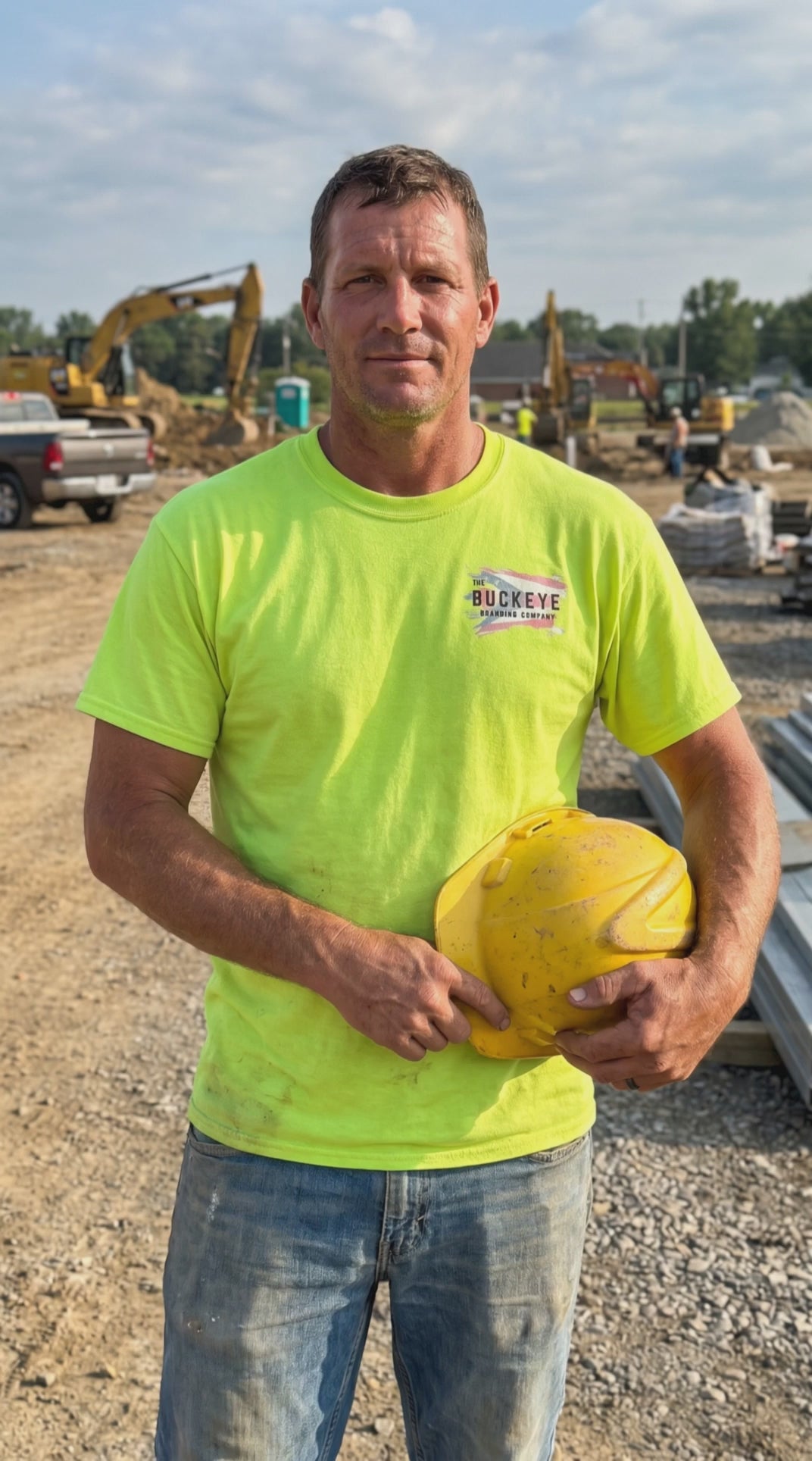Crew foreman wearing a custom hi-vis safety tee from Buckeye Branding Company, Copley OH