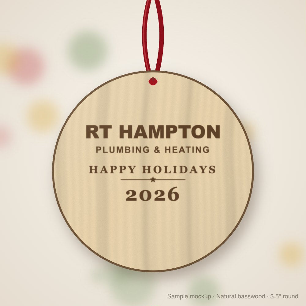 RT Hampton Logo Christmas Ornament in natural basswood (sample mockup)