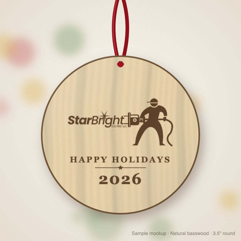 Star Bright Electric Logo Christmas Ornament in natural basswood (sample mockup)