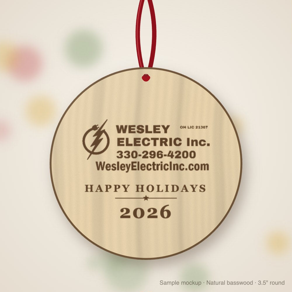 Wesley Electric Logo Christmas Ornament in natural basswood (sample mockup)
