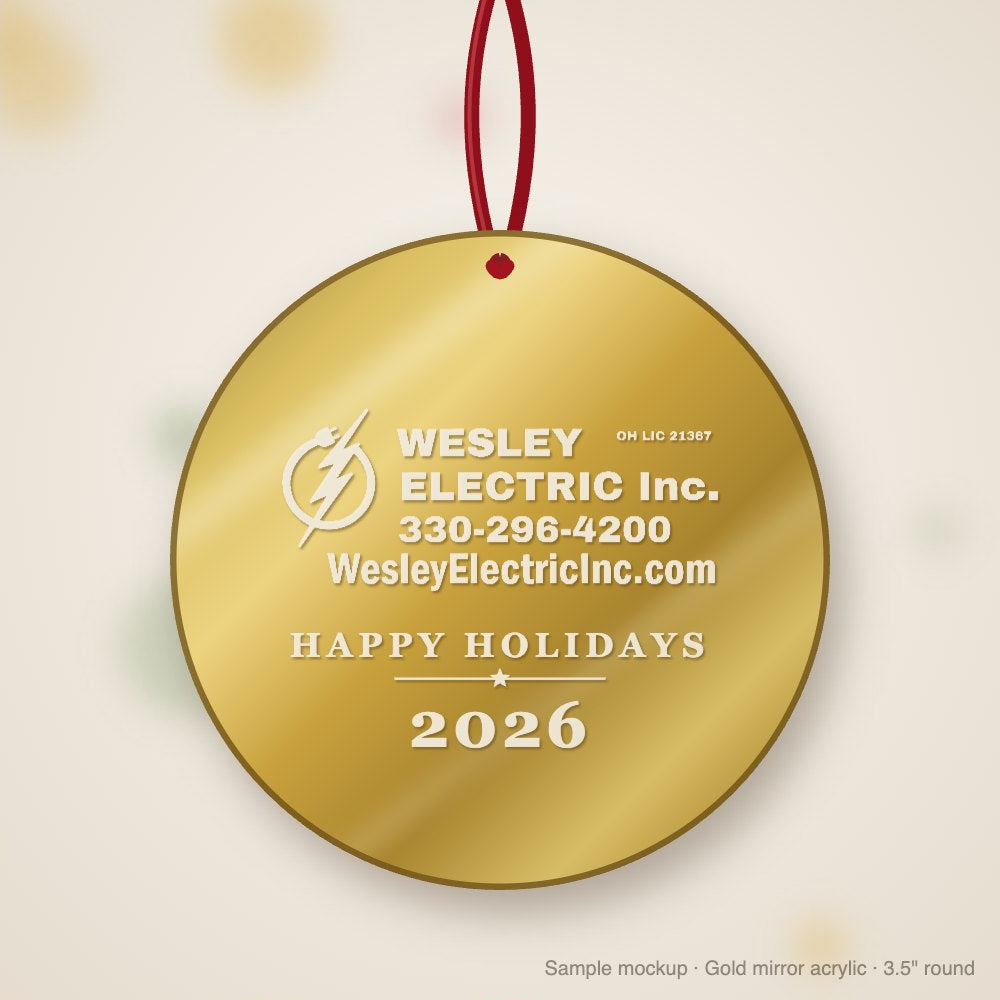 Wesley Electric Logo Christmas Ornament in gold mirror acrylic (sample mockup)
